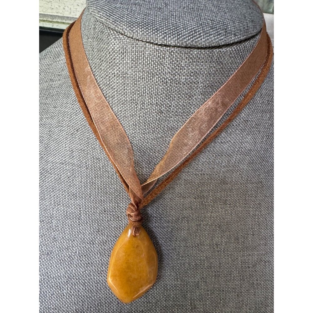 Joan Rivers Amber Pendant Necklace With  Brown Ribbon And Cord